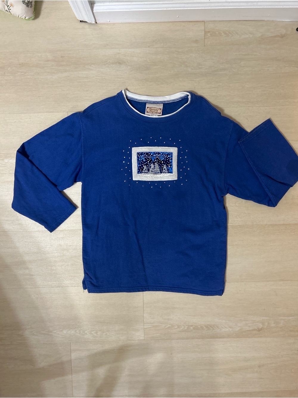 Decorated Originals Vintage Cobalt Blue Holiday Sweatshirt with Winter Patch